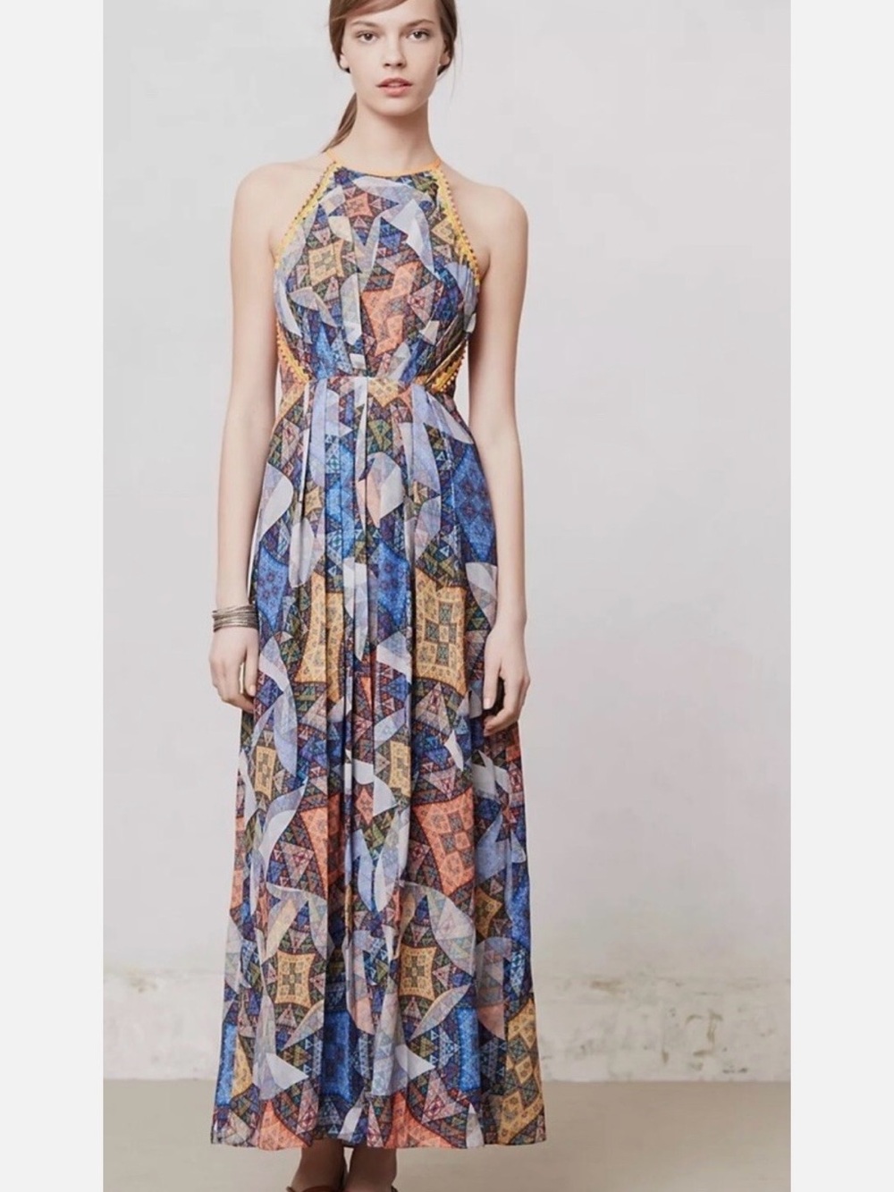 Anthropologie Contessa Ranna Gill Halter Neck Geometric Print Maxi Dress - Mediu